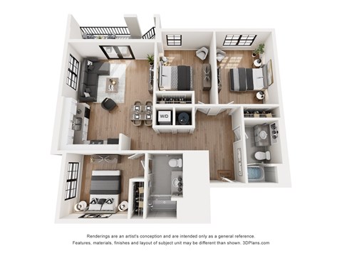 Floor plan for 3 beds, 2 baths, 1217 sqft